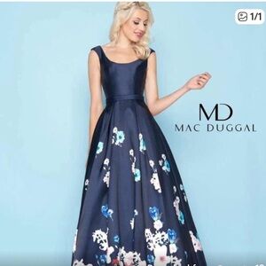 NWT Mac Duggal Navy Floral Long, A-Line Gown, statement dress for formal events